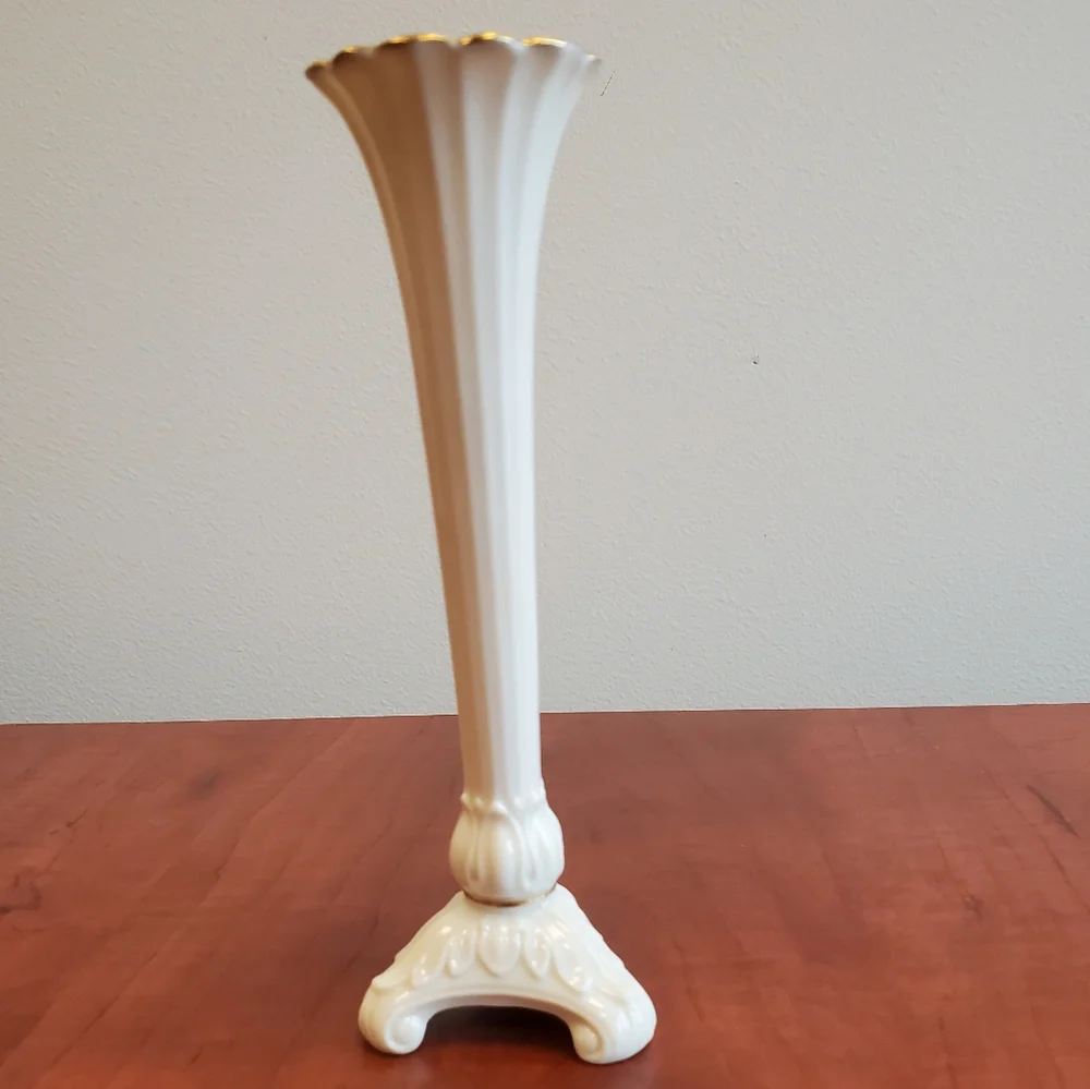 Lenox Bud Vase Ivory Color with Gold Trim & Tripod‎ Foot Made In U.S.A.